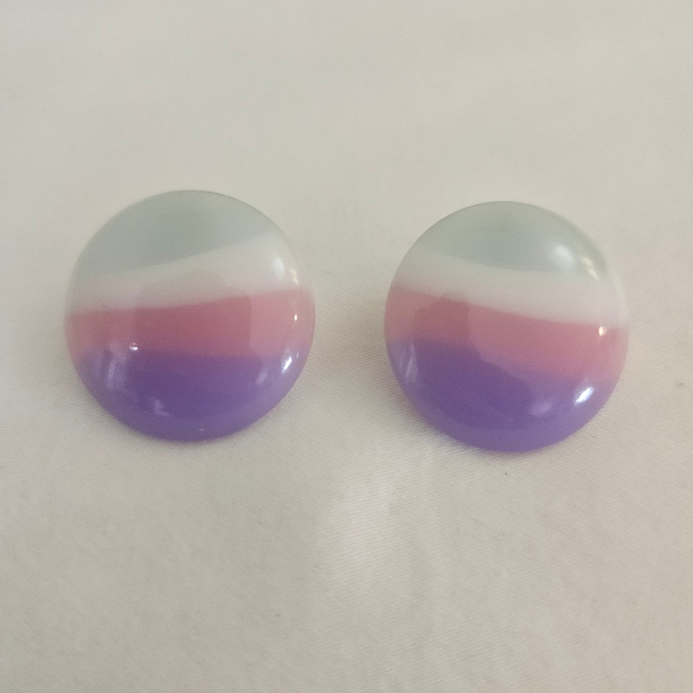 Vtg 80s Pastel Striped Round Stud Earrings Purple Pink Mint Green Purple Plastic